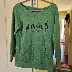 Boatneck/off shoulder green cactus sweatshirt